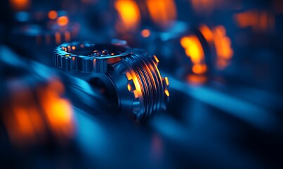 Fototapete - A close-up of metallic components illuminated by soft blue and orange lights, creating an abstract, futuristic aesthetic.