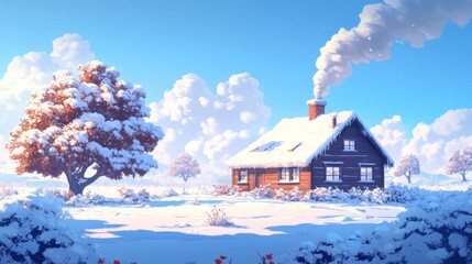 Poster - A Cozy Cabin Nestled in a Snowy Winter Landscape