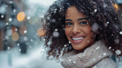 Wall Mural - Smiling positive woman wearing winter season look clothes having fun outdoor on Christmas city street on abstract bokeh light and snowflake background