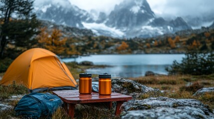 camping tents and tables under the mountain with beautiful views