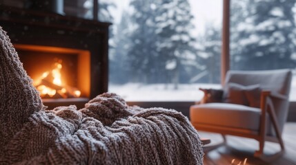 Poster - Cozy Blanket and Fireplace with Snowy Winter View