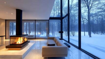 Poster - Modern living room with a fireplace and a view of a snowy forest