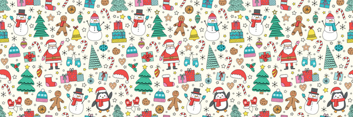 Wall Mural - Christmas seamless pattern. Cute holiday background with cartoon ornaments. Vector illustration