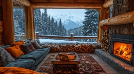 Poster - Cozy Cabin Interior with Fireplace and Snowy Mountain View