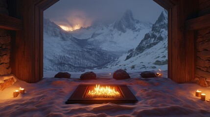 Poster - Cozy Firepit in a Mountain Cabin with Snowy View