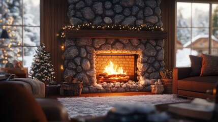 Poster - Cozy Cabin Interior with a Stone Fireplace and a Winter View