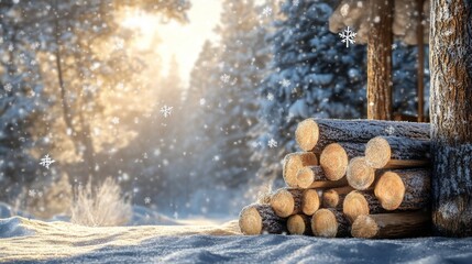 Poster - A Stack of Firewood Covered in Snow in a Snowy Forest