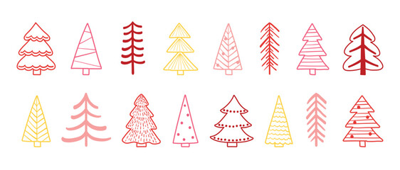 Wall Mural - Set with a cute hand drawn Christmas tree icons. X-Mas decorations. Vector illustration