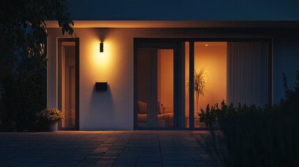Aufkleber - A contemporary home stands illuminated at night with security lights shining on the windows and doors, enhancing safety. Generative AI