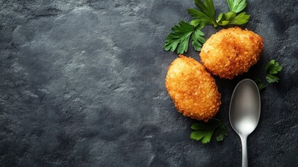 Wall Mural - Fried croquette on spoon appetizer on gray background