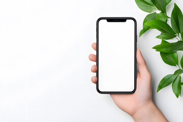 Hand holding smartphone mockup isolated on white background
