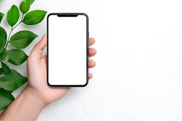 Hand holding smartphone mockup isolated on white background
