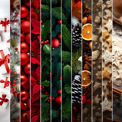 Wall Mural - Abstract background with seasonal and winter stripes with plant, leaf, ball, cone, spice, sweets and gifts texture. Concept of Christmas, holiday and New Year. Square composition.