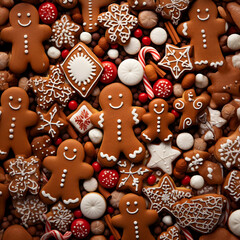 Wall Mural - Abstract background with Christmas gingerbread pieces and cookies on brown background. Horizontal composition.