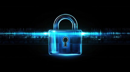 digital security design with a glowing blue padlock and binary code representing cyber protection