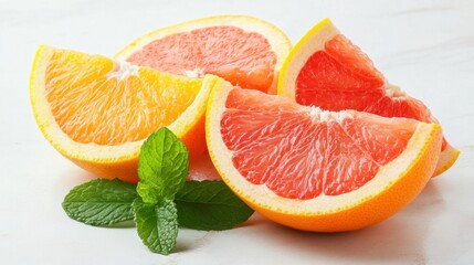 Wall Mural - Slices of grapefruit and orange with mint leaves on a light background