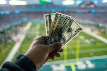 Hand holding a fan of dollar bills in front of a blurred sports stadium, concept of sports betting or earnings.