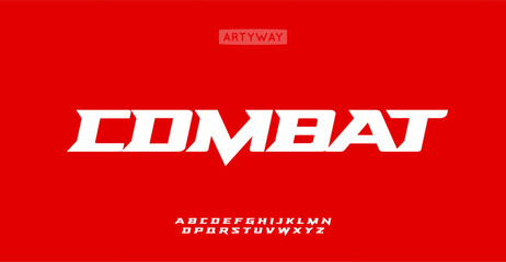 Poster - Combat alphabet, bold italic sharp letters, powerful font for dynamic logo, striking headline, sport and automotive branding, speed race titles. Vector typeset.
