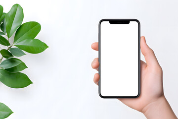 Hand holding smartphone mockup  isolated on white background