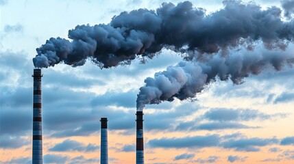 Factory Chimneys Emitting Smoke, close-up shot of large factory chimneys releasing smoke into air