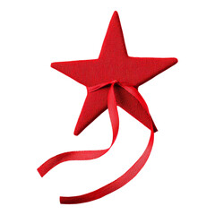 A vibrant red star ornament with a ribbon, designed for decorative purposes, conveying festive charm and appeal.