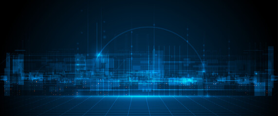 Wall Mural - vector illustration architecture, cityscape with cyber space, neon light. modern hi-tech, science, d