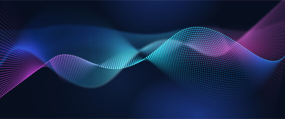 Aufkleber - Vector Abstract flowing wave line, particle dot pattern, neon light on dark blue gradient background. Modern futuristic design, particles wave data for background. Network, science, technology concept