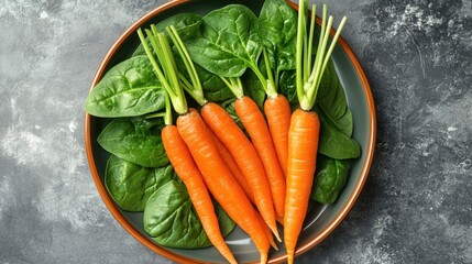 Wall Mural - Fresh spinach leaves and carrots on plate on gray background top view