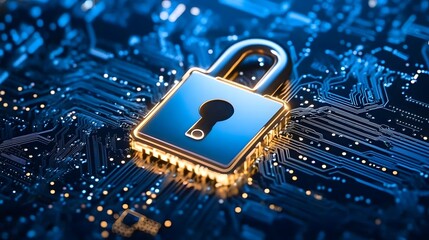 A computer chip with a key on it. The key is in the middle of the chip and is surrounded by a blue background