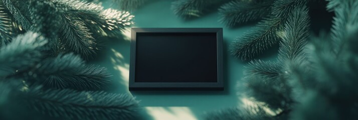 A blank frame surrounded by evergreen branches on a teal background.