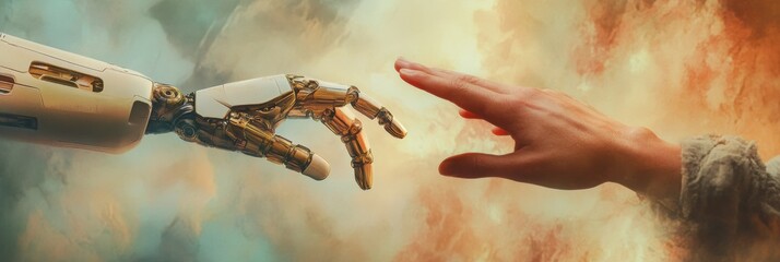 Poster - An outstretched human hand reaches toward a robotic hand, representing the merging of technology and humanity in a moment of interaction. Generative AI