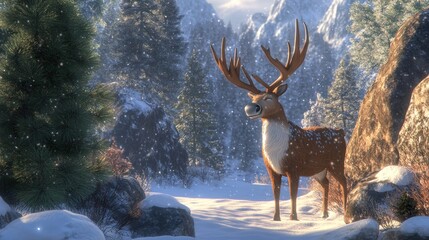 Canvas Print - A serene winter landscape featuring a majestic reindeer amidst snow-covered mountains.