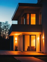 Aufkleber - The modern house stands prominently at night, featuring glowing alarm lights on its windows and doors amidst a tranquil environment. Generative AI