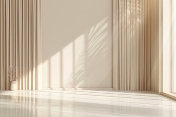 Wall Mural - minimalistic beige background with window curtain shadows for product presentation.