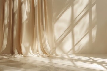 Wall Mural - minimalistic beige background with window curtain shadows for product presentation.