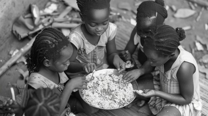 Four African girls in casual attire sit around a bowl eating with their hands, creating a home-like, convivial atmosphere. Simple setting with daily objects nearby.