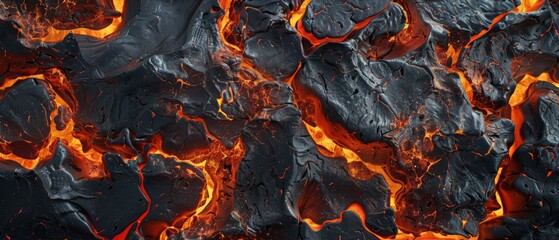 Wall Mural - close-up view of vibrant red molten lava with black crusts forming, detailed texture and patterns, s