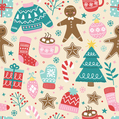Wall Mural - christmas seamless pattern with cute decorations in doodle style. vector illustration