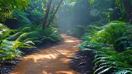 Wall Mural - The camera slowly moves forward on a path in a tropical forest.