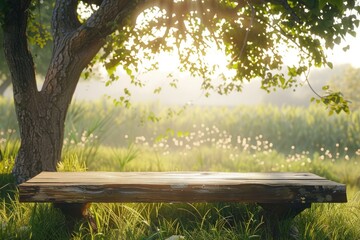Wall Mural - wood podium displays products in nature farm setting.