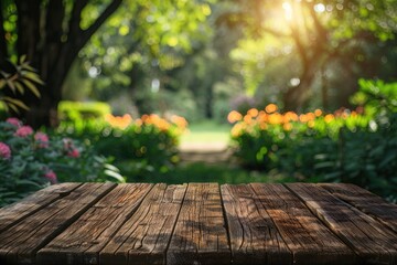 Wall Mural - wood table top with green garden background for product display.