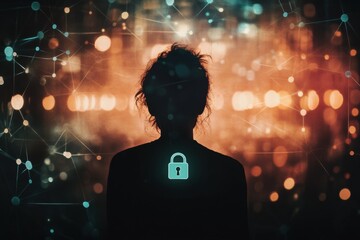 Fototapete - A person’s silhouette emerges against a vibrant digital background, emphasizing privacy protection in the realm of AI technology. Generative AI