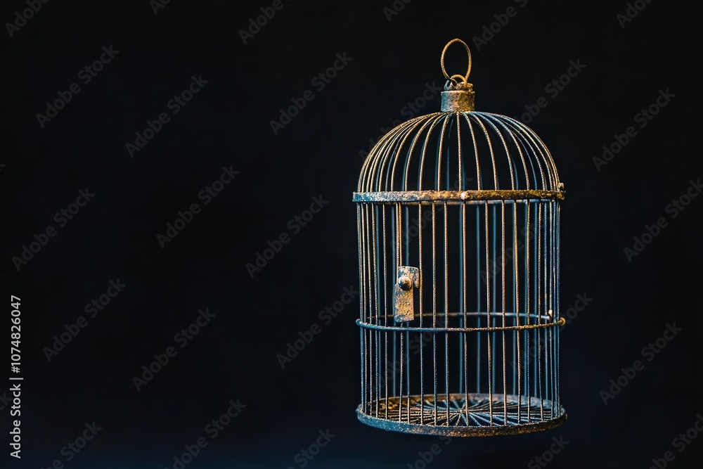 The birdcage, adorned with intricate ironwork, sits empty with its door swung wide open, symbolizing freedom and solitude in a dimly lit space, suggesting a recent departure or new beginnings.