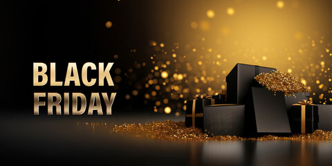 Wall Mural - black friday banner photo with presents, shopping bags surrounded by golden particles photo.
