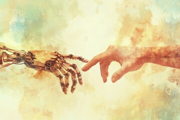 Poster - A human hand extends towards a robotic hand in a moment of potential unity and collaboration between technology and humanity. Generative AI