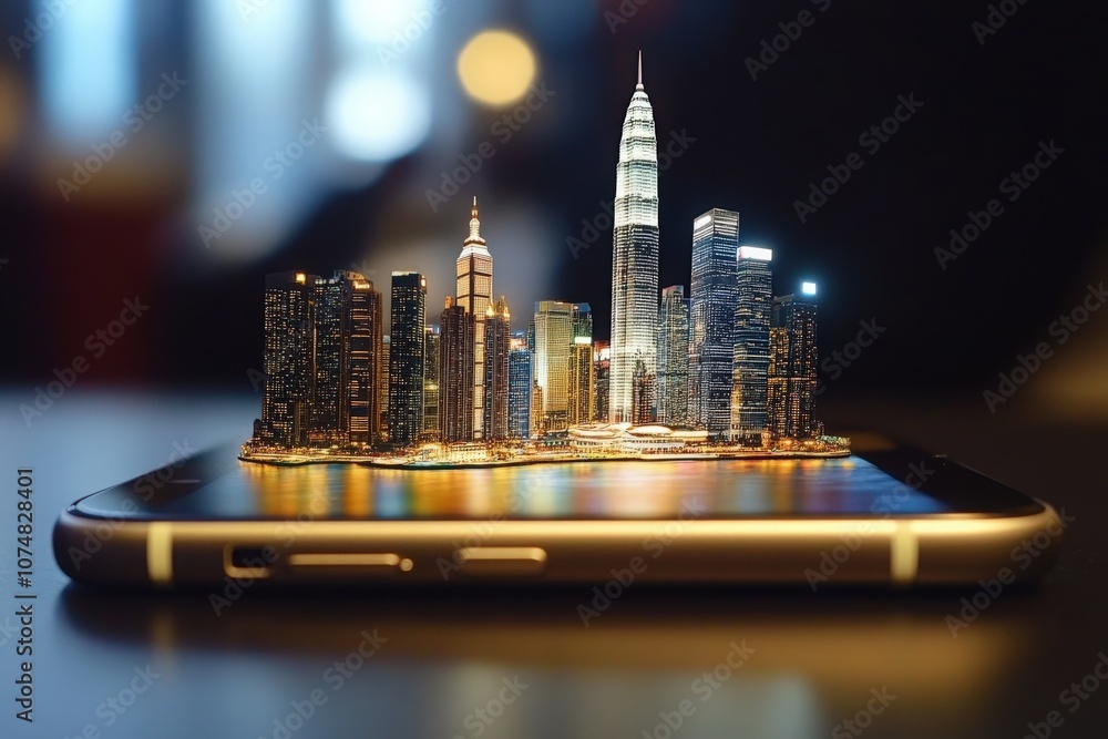 A sleek black surface displays an isolated smartphone with a stunning city skyline emerging from its screen.
