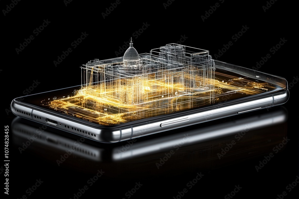 A smartphone rests on a polished black surface, showcasing a holographic representation of an intricate cityscape.