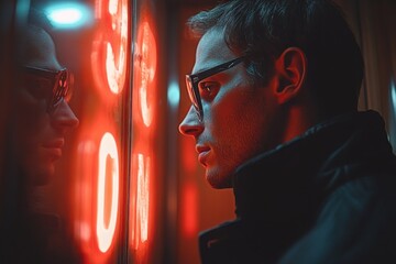 Wall Mural - A man in glasses stands in front of a neon sign, looking at his reflection. The sign reads 