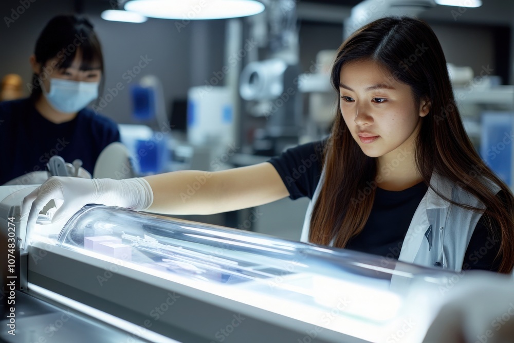 Two Asian researchers are engaged in medical research in a modern laboratory. A female scientist carefully examines samples under a bright light, while a colleague provides support in the background.
