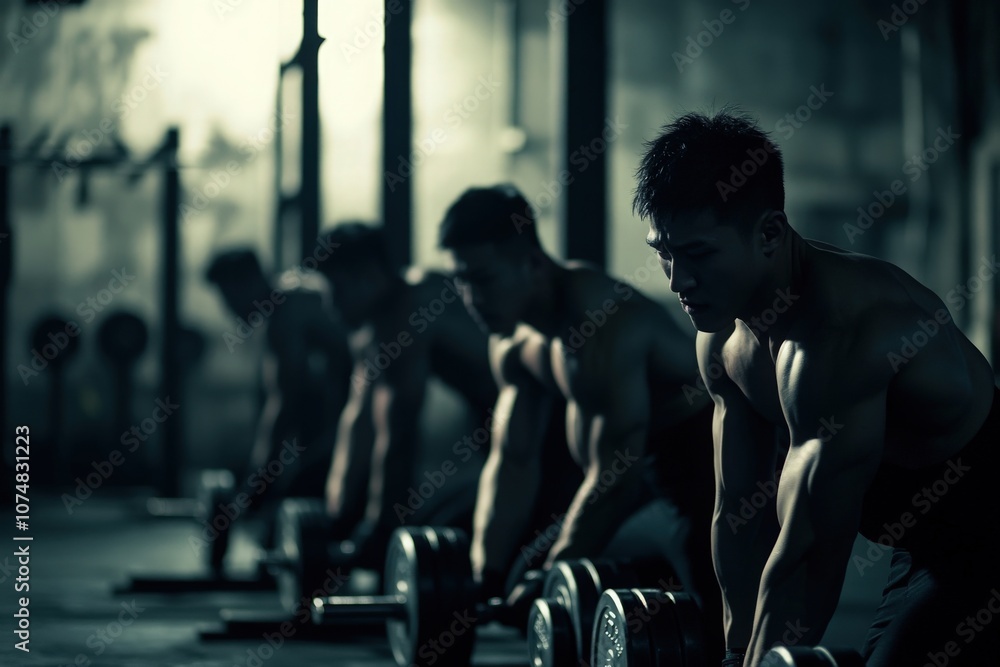 A group of Asian individuals is intensely focused as they lift weights in a dimly lit gym. The atmosphere is energetic, showcasing dedication and hard work during their evening training session.